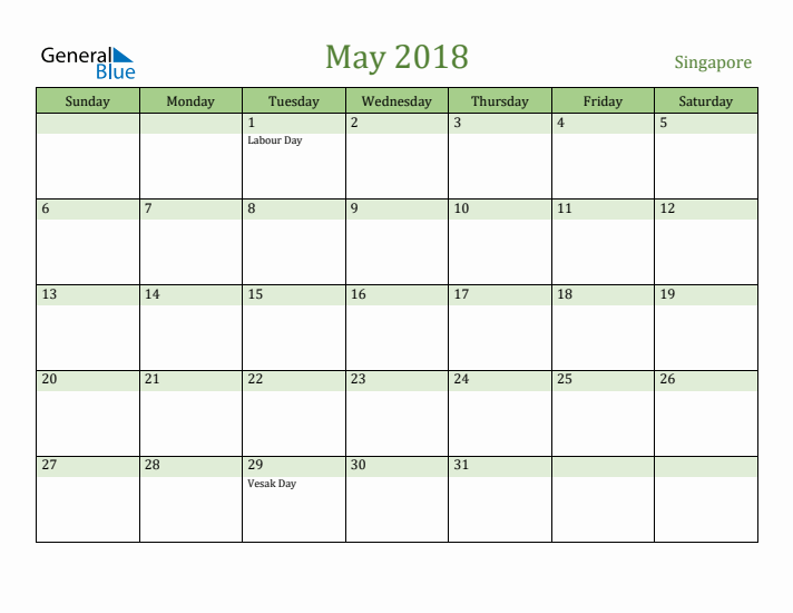 May 2018 Calendar with Singapore Holidays