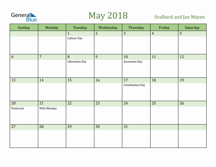 May 2018 Calendar with Svalbard and Jan Mayen Holidays