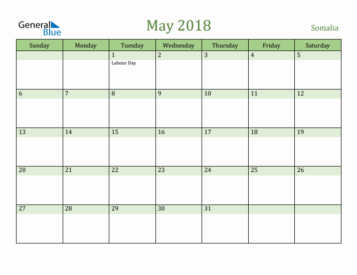May 2018 Calendar with Somalia Holidays