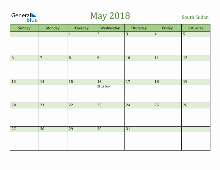 May 2018 Calendar with South Sudan Holidays