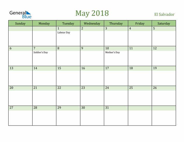 May 2018 Calendar with El Salvador Holidays