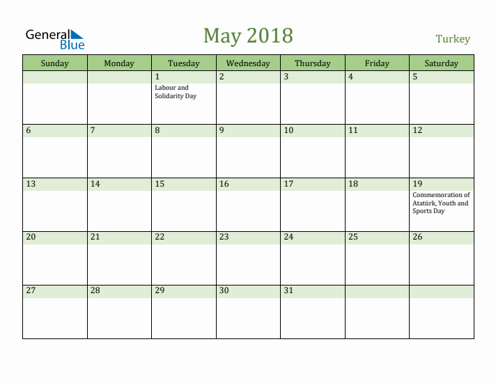 May 2018 Calendar with Turkey Holidays