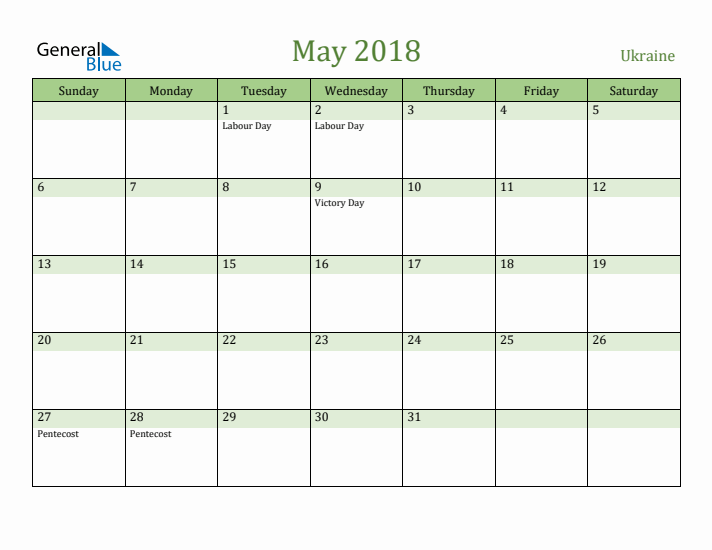 May 2018 Calendar with Ukraine Holidays