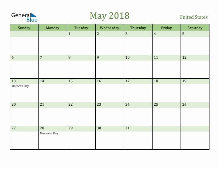 May 2018 Calendar with United States Holidays