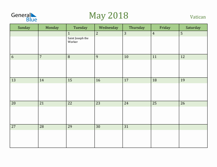 May 2018 Calendar with Vatican Holidays