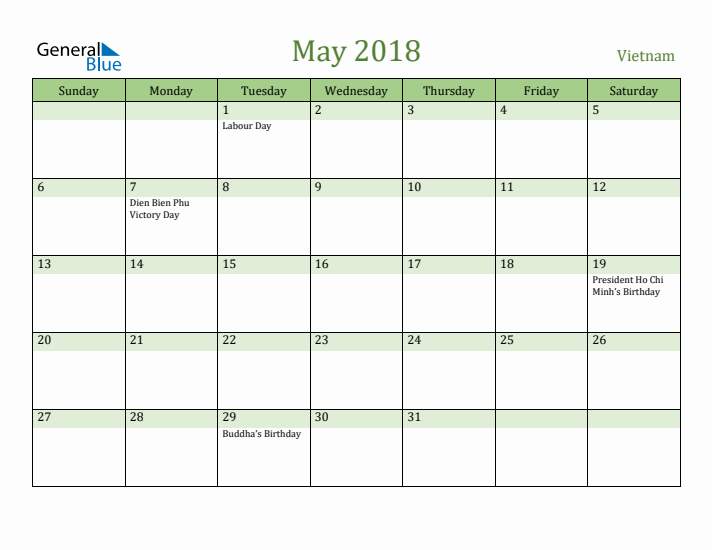May 2018 Calendar with Vietnam Holidays