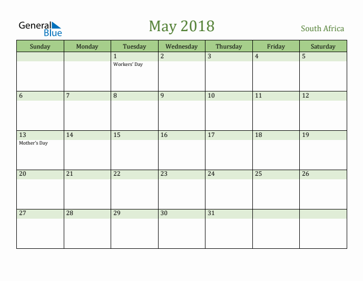 May 2018 Calendar with South Africa Holidays