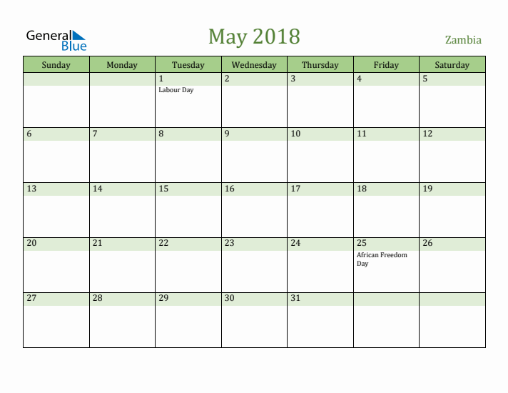 May 2018 Calendar with Zambia Holidays