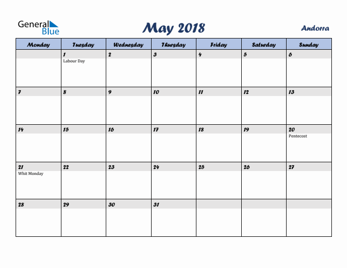 May 2018 Calendar with Holidays in Andorra