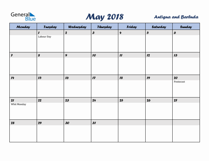 May 2018 Calendar with Holidays in Antigua and Barbuda