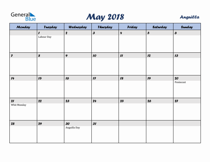 May 2018 Calendar with Holidays in Anguilla