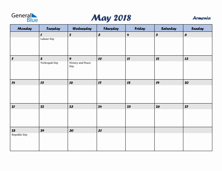 May 2018 Calendar with Holidays in Armenia