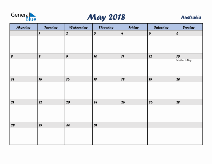 May 2018 Calendar with Holidays in Australia