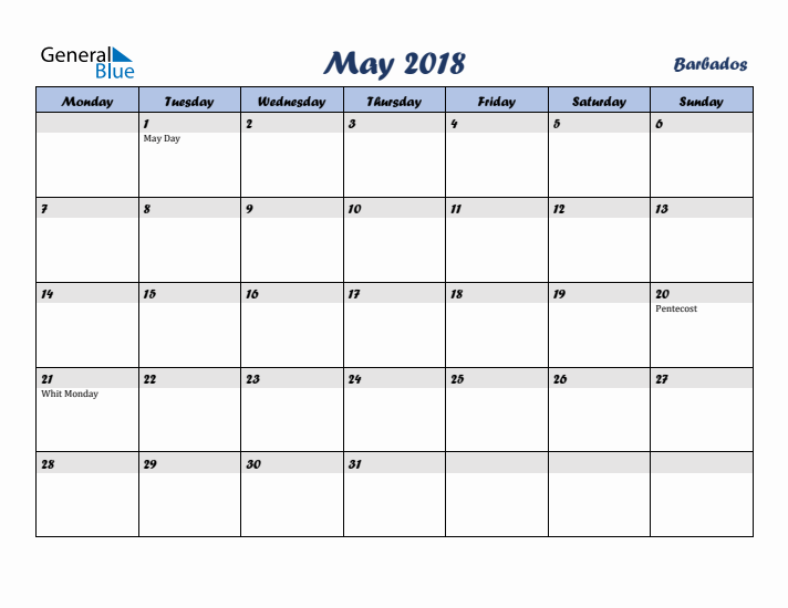 May 2018 Calendar with Holidays in Barbados