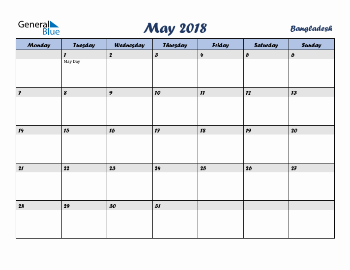 May 2018 Calendar with Holidays in Bangladesh