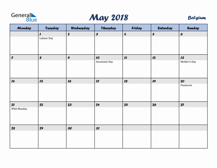 May 2018 Calendar with Holidays in Belgium