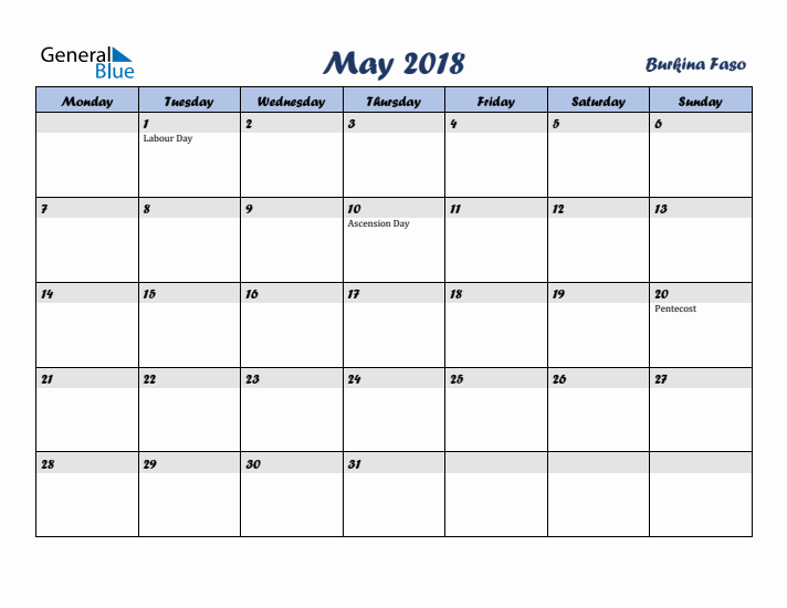 May 2018 Calendar with Holidays in Burkina Faso