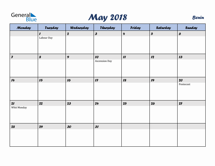 May 2018 Calendar with Holidays in Benin