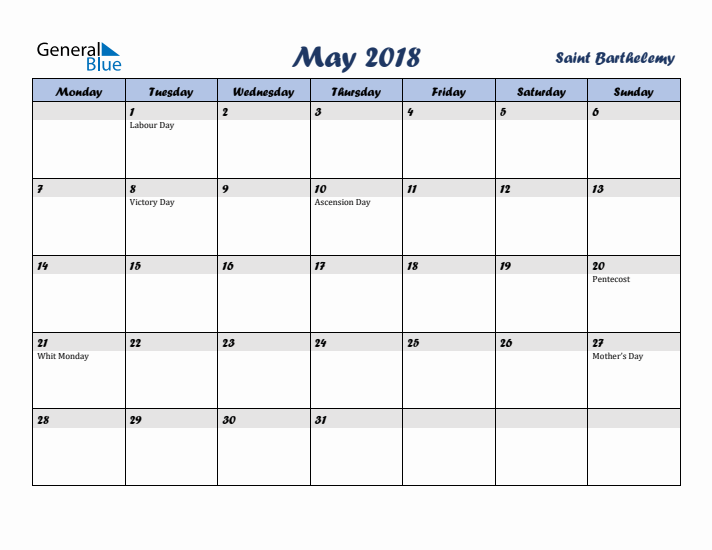 May 2018 Calendar with Holidays in Saint Barthelemy