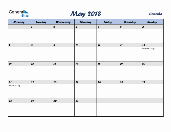 May 2018 Calendar with Holidays in Canada