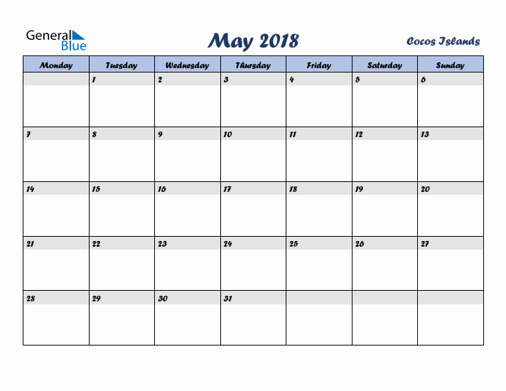 May 2018 Calendar with Holidays in Cocos Islands