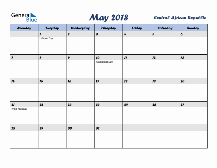 May 2018 Calendar with Holidays in Central African Republic