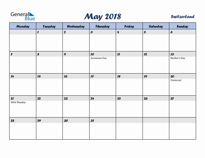 May 2018 Calendar with Holidays in Switzerland