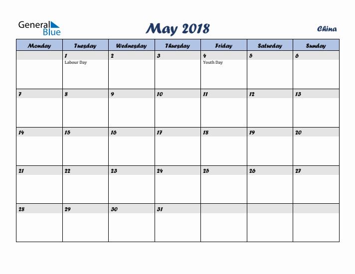 May 2018 Calendar with Holidays in China