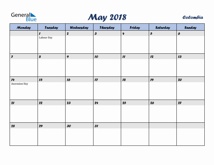 May 2018 Calendar with Holidays in Colombia