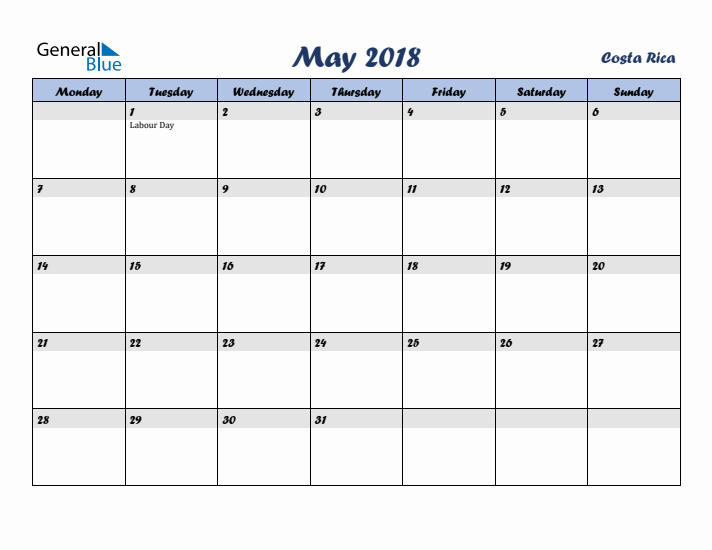 May 2018 Calendar with Holidays in Costa Rica