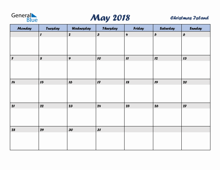 May 2018 Calendar with Holidays in Christmas Island