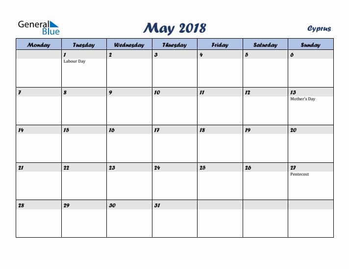 May 2018 Calendar with Holidays in Cyprus