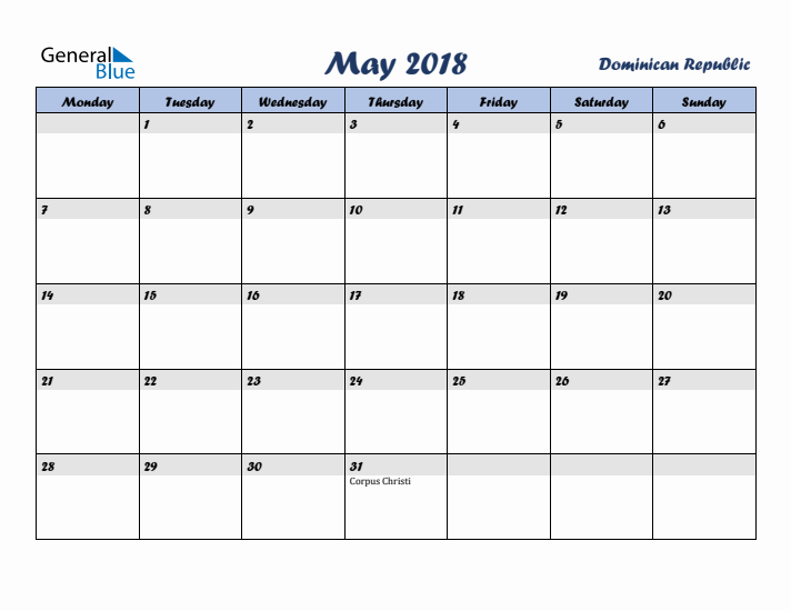 May 2018 Calendar with Holidays in Dominican Republic