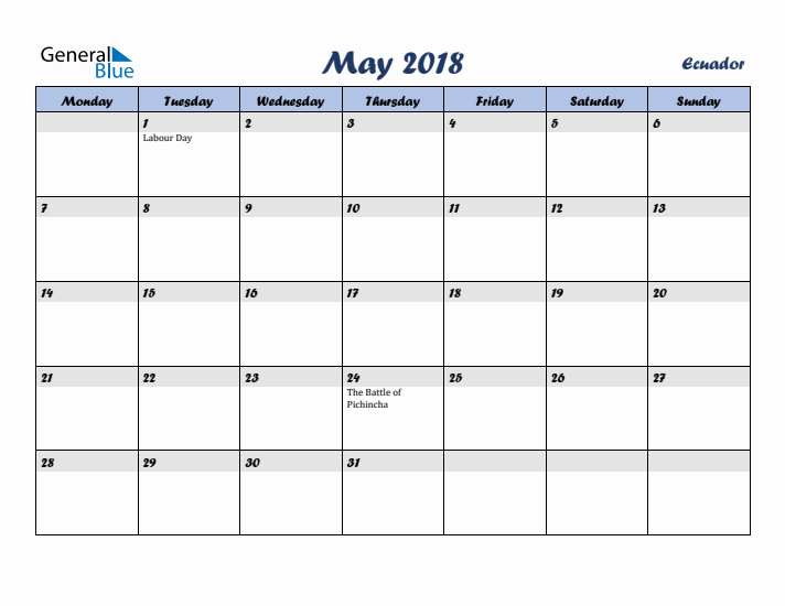 May 2018 Calendar with Holidays in Ecuador