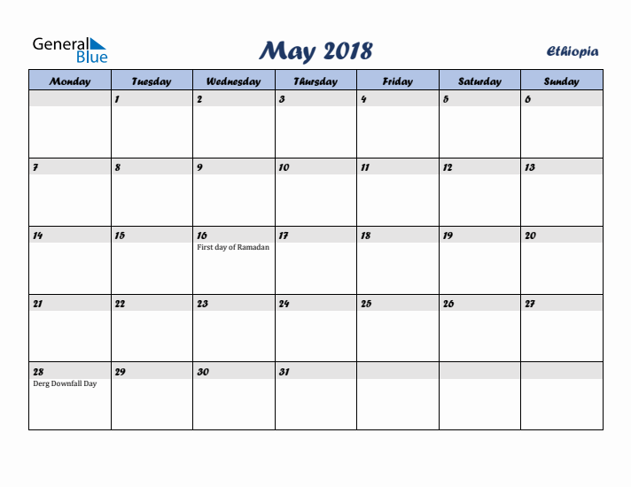 May 2018 Calendar with Holidays in Ethiopia