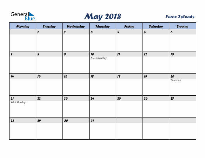 May 2018 Calendar with Holidays in Faroe Islands