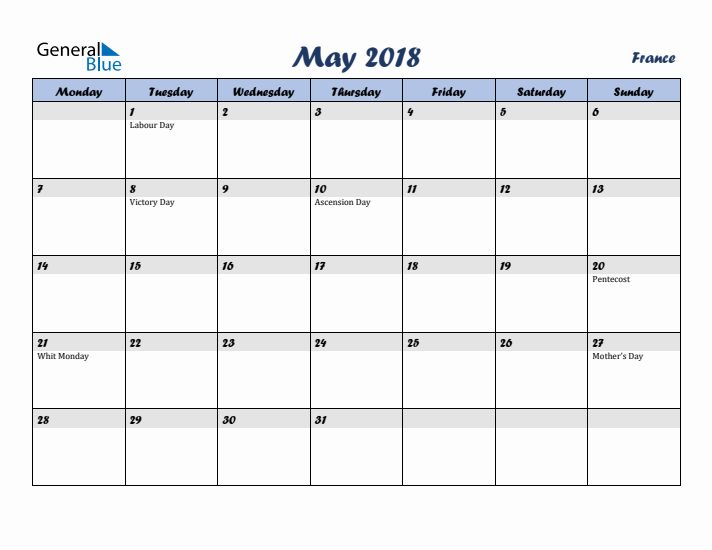 May 2018 Calendar with Holidays in France