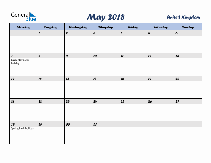 May 2018 Calendar with Holidays in United Kingdom