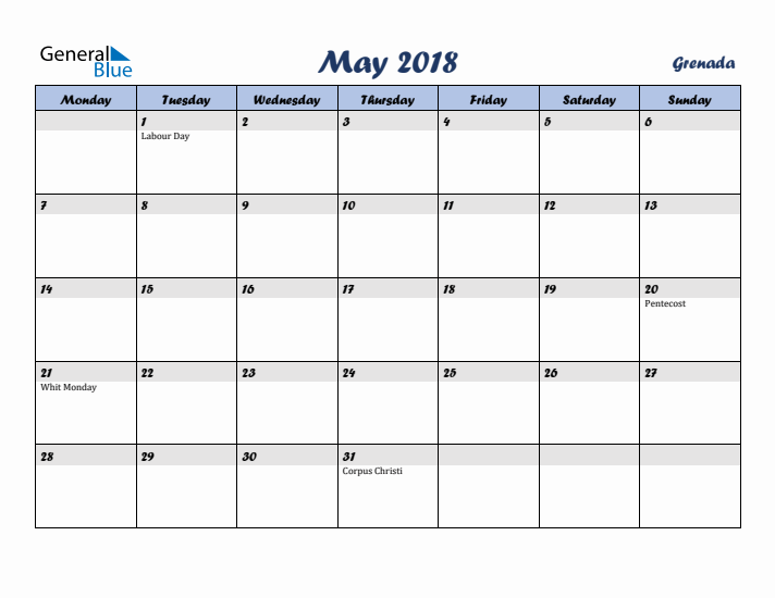 May 2018 Calendar with Holidays in Grenada