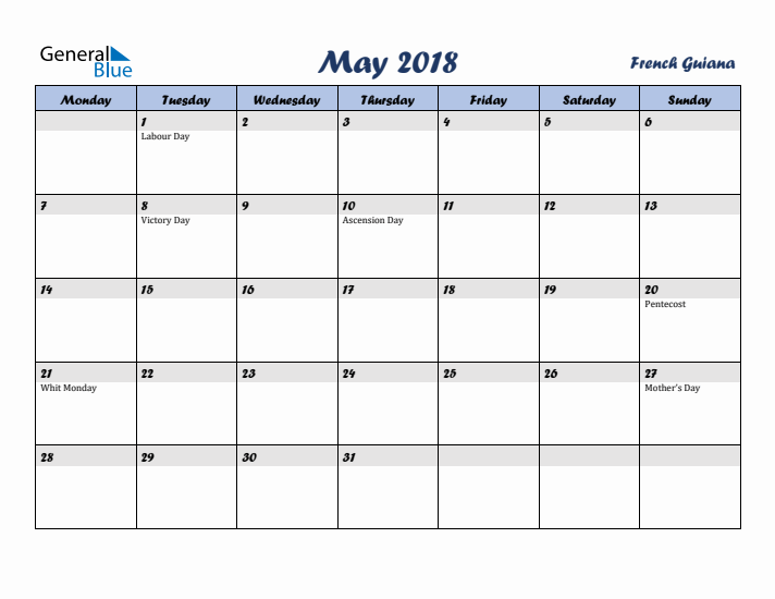 May 2018 Calendar with Holidays in French Guiana