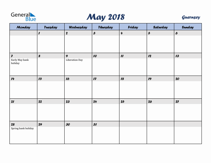 May 2018 Calendar with Holidays in Guernsey