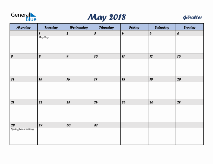 May 2018 Calendar with Holidays in Gibraltar