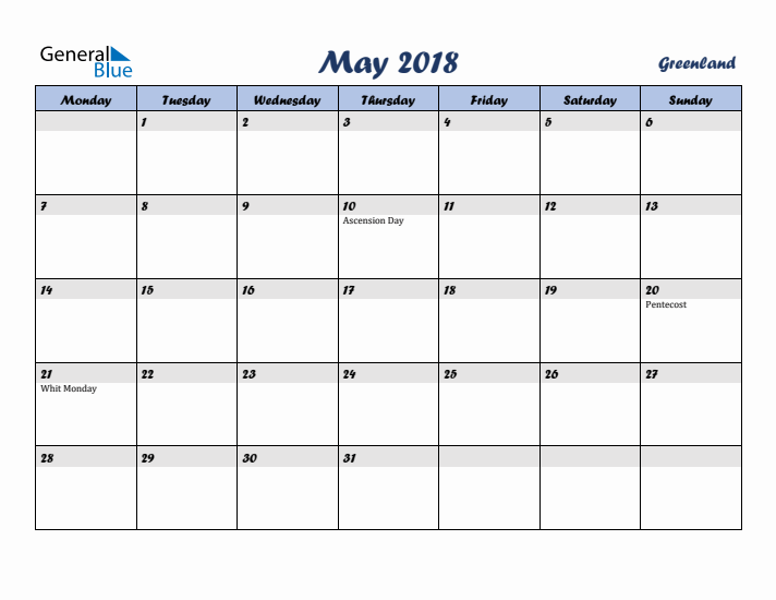 May 2018 Calendar with Holidays in Greenland