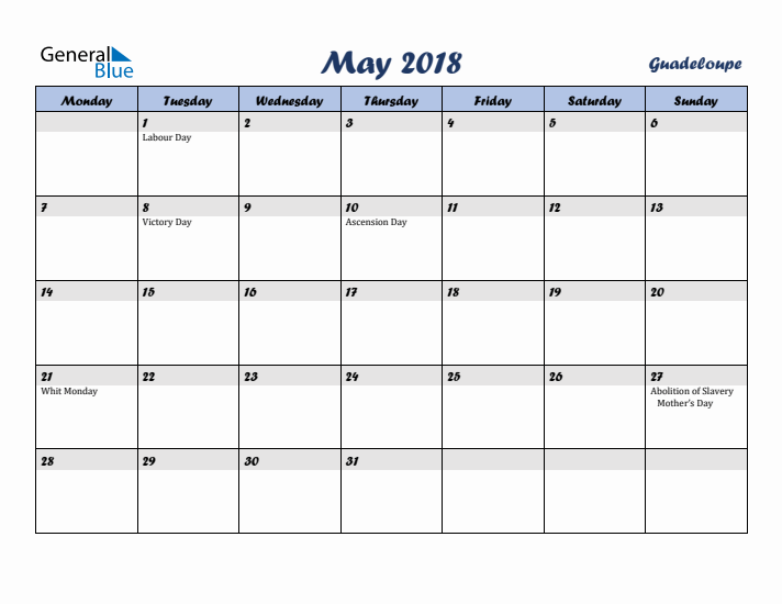 May 2018 Calendar with Holidays in Guadeloupe