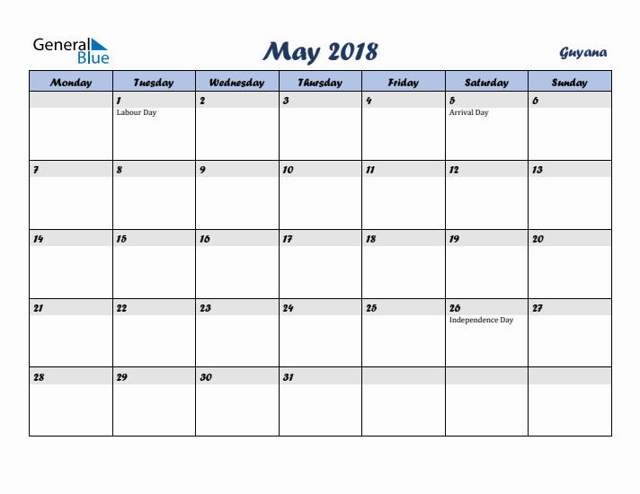 May 2018 Calendar with Holidays in Guyana