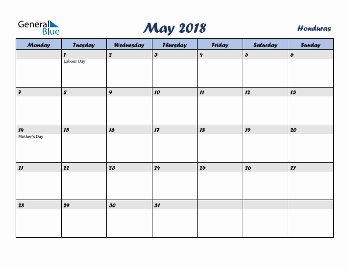 May 2018 Calendar with Holidays in Honduras