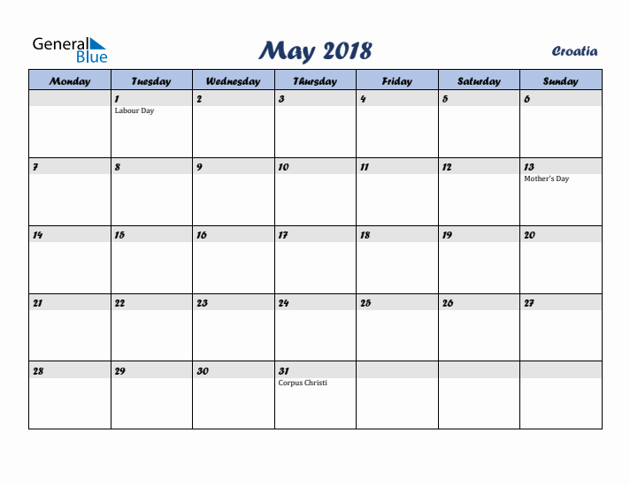 May 2018 Calendar with Holidays in Croatia
