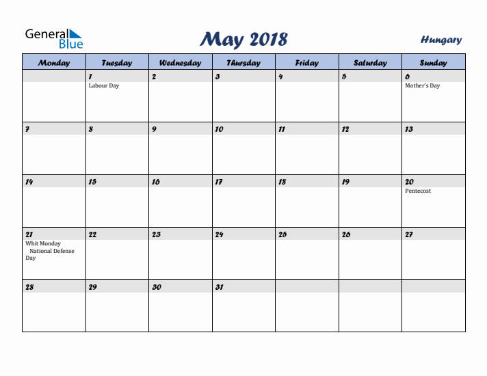 May 2018 Calendar with Holidays in Hungary