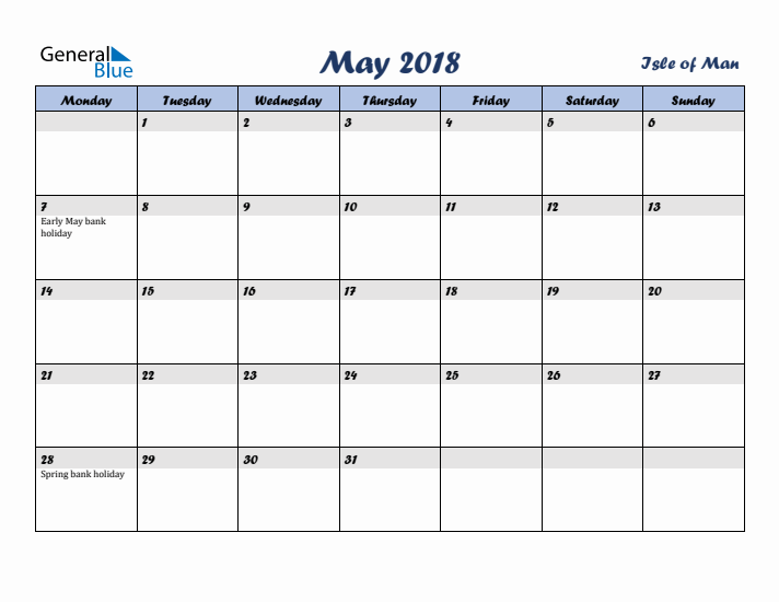 May 2018 Calendar with Holidays in Isle of Man