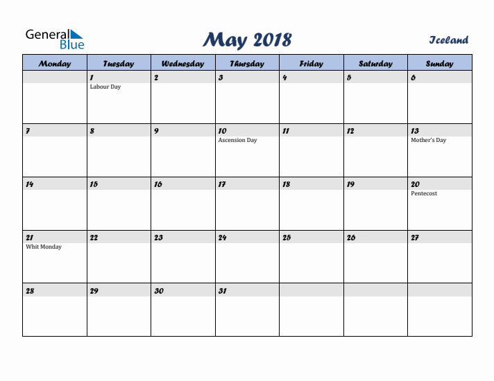 May 2018 Calendar with Holidays in Iceland